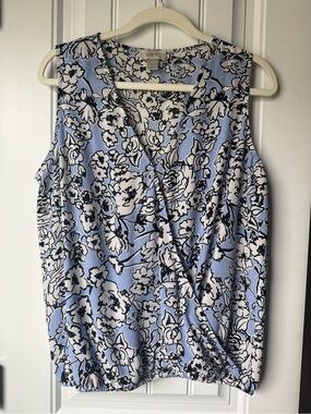LOFT Light Blue Black and White Floral Sleeveless Wrap-Detail Top